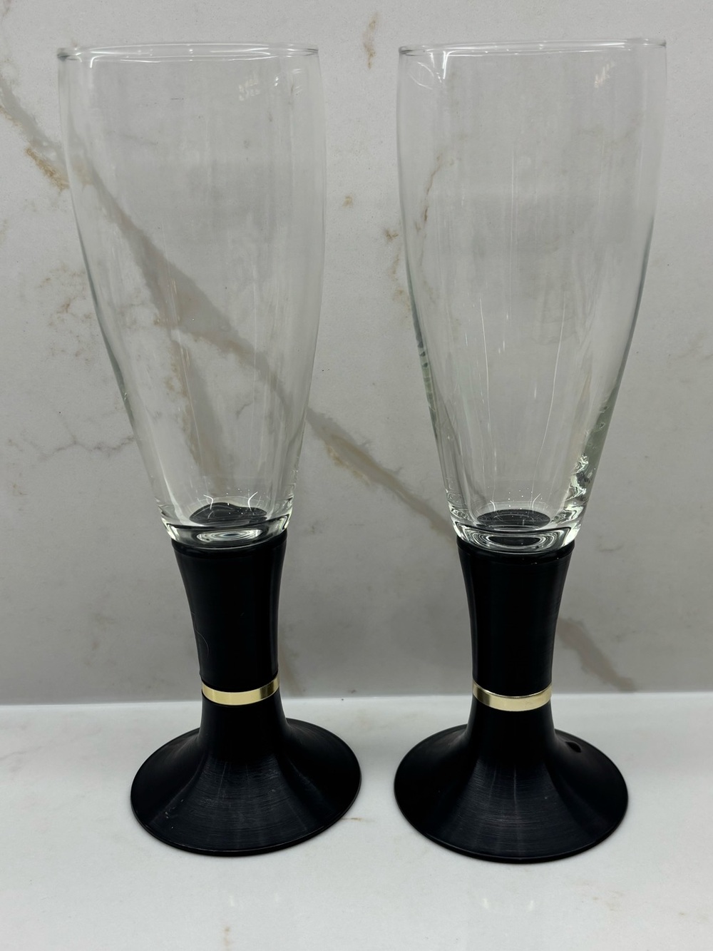 2 Vintage David Douglas Light Up Champagne Flutes Black Gold Illuminated Glasses